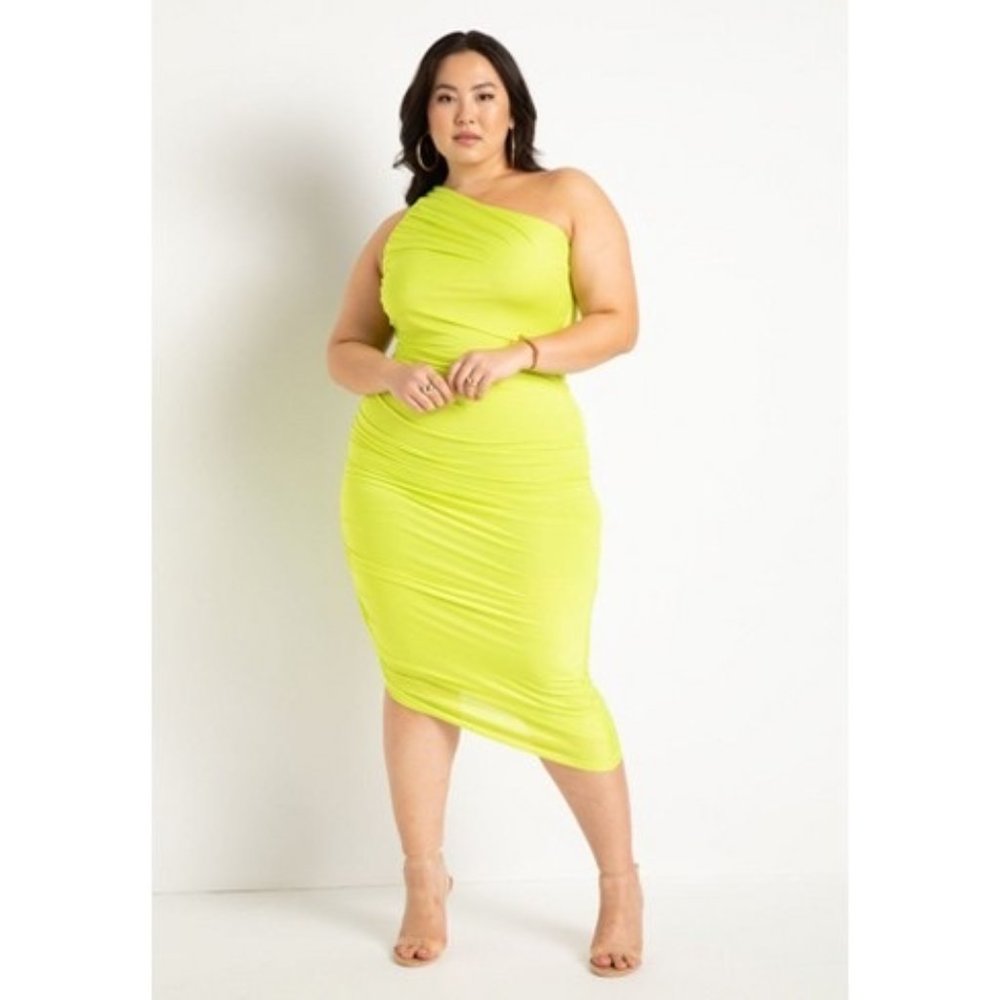 Eloquii Ruched One Shoulder Dress in Acid Lime
